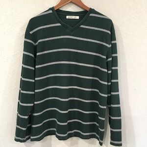 Old Navy Men XL Sweater Green Stripe V-Neck Knit 100% Cotton Preppy Y2K Normcore